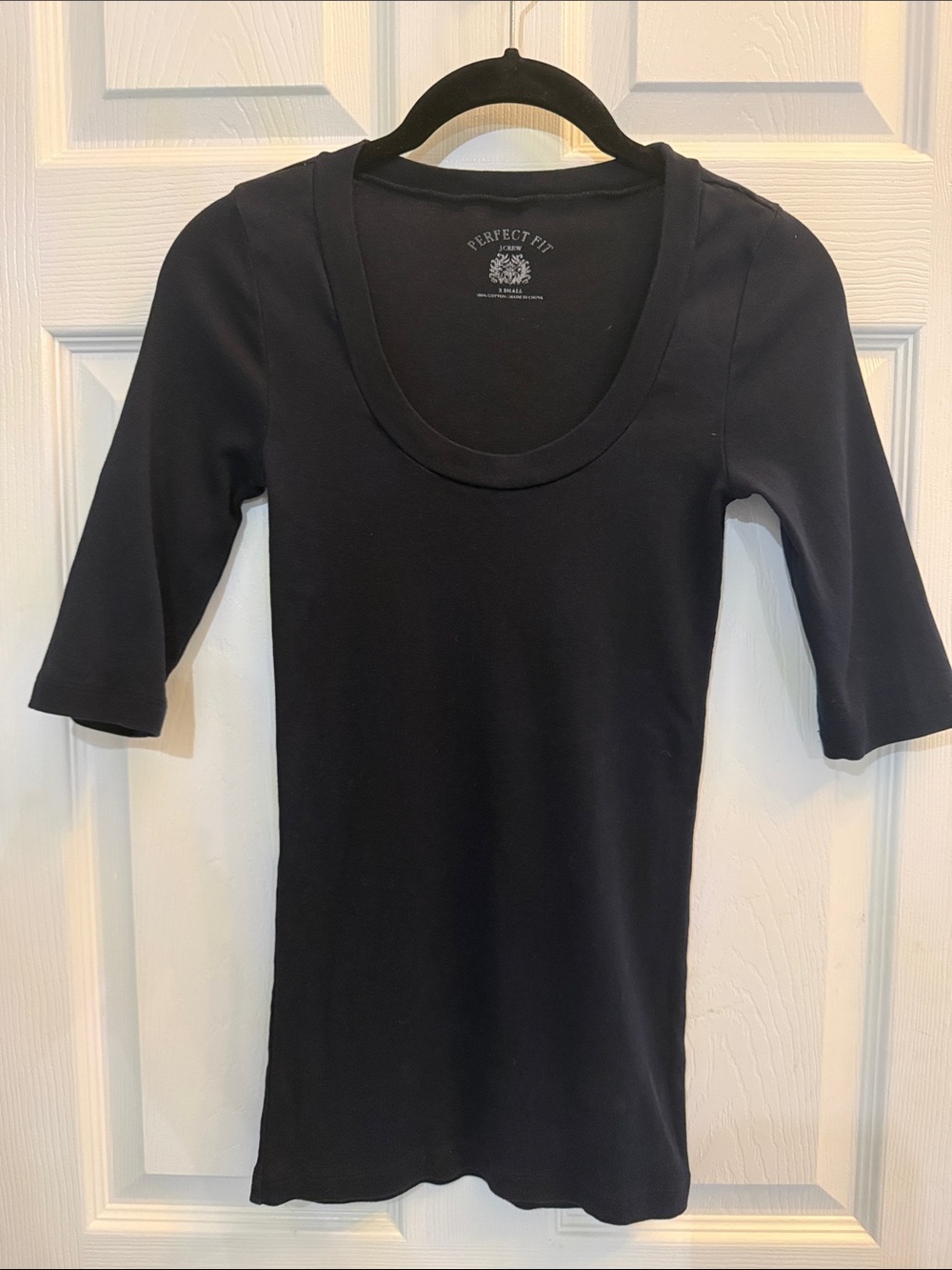 J.Crew 100% Cotton Navy Blue Scoop Neck Above Elbow Sleeve Fitted Women's Tee